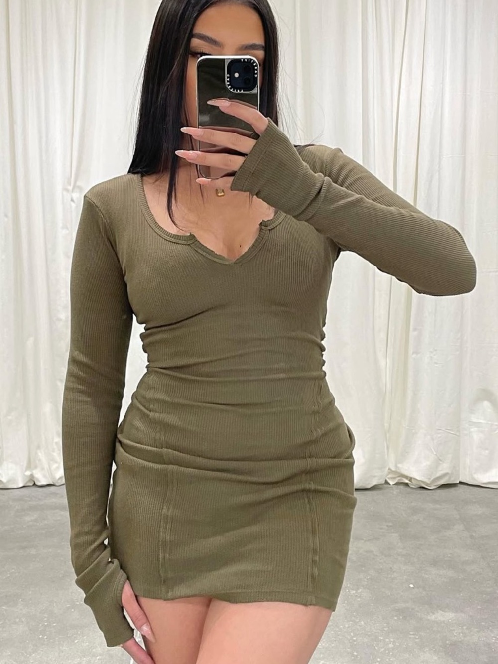 Olive Ribbed Long-Sleeve Bodycon Dress